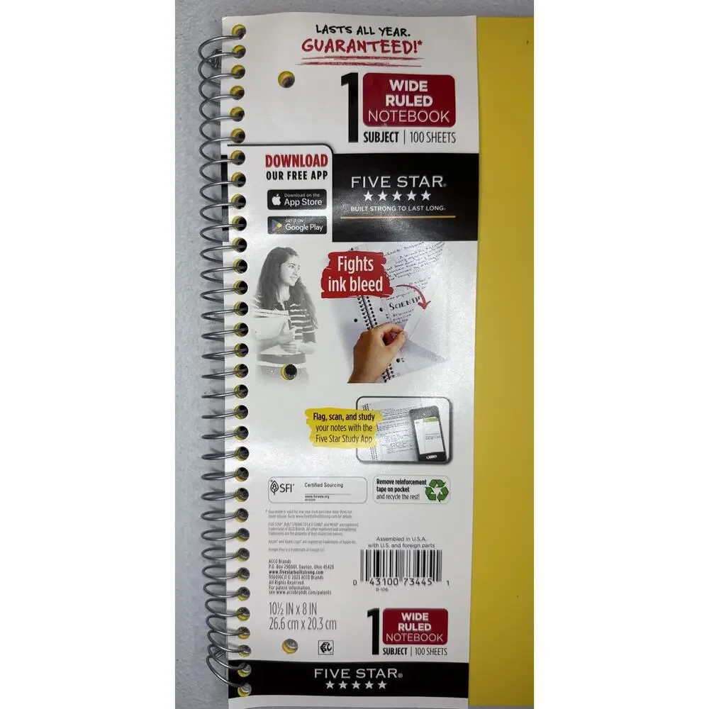 Five Star 1 Subject Notebook Wide Ruled 100 Sheets Yellow Spiral 10.5x8